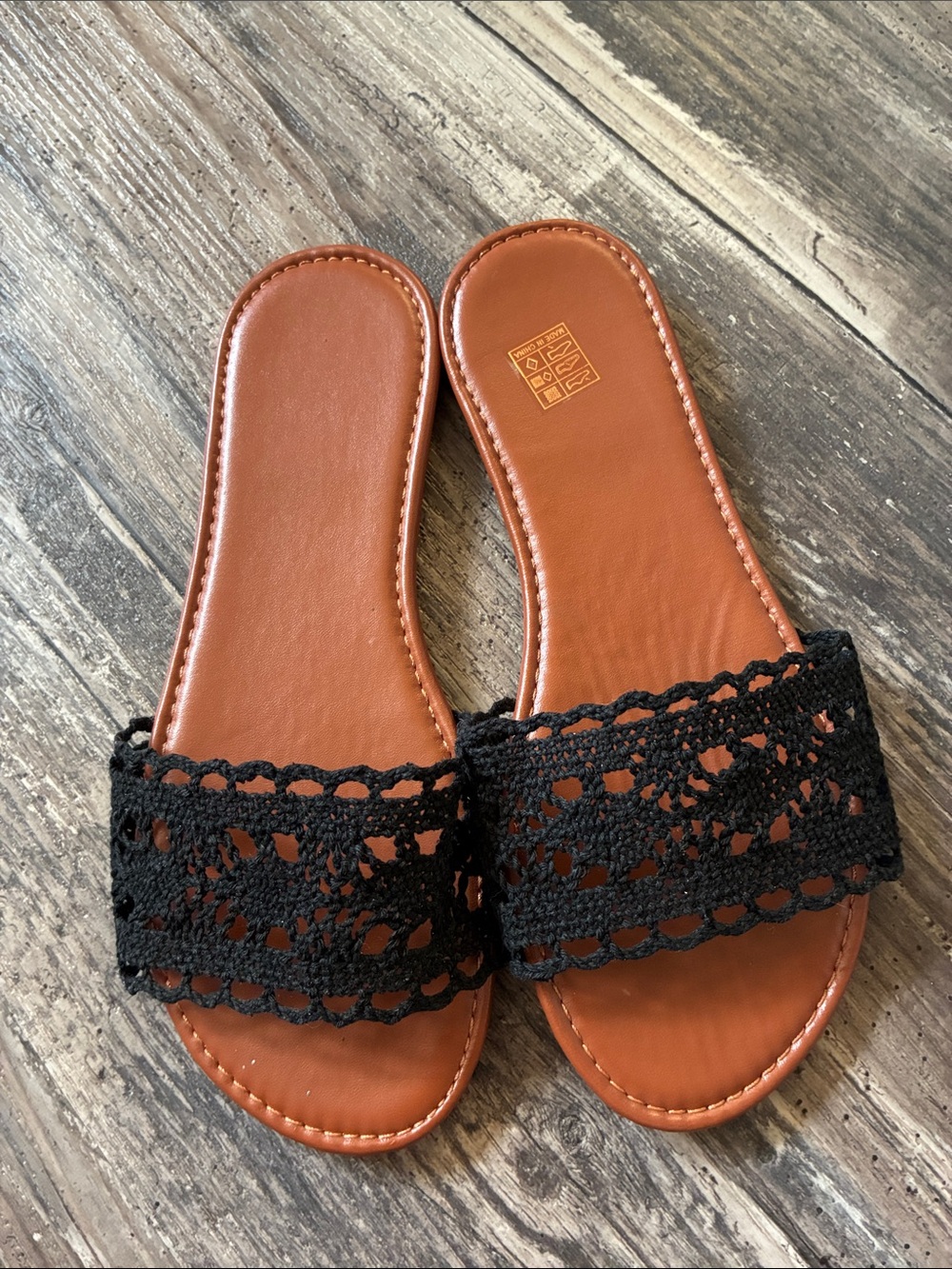 Tan Slide Sandals with Black Crochet Strap - Women's